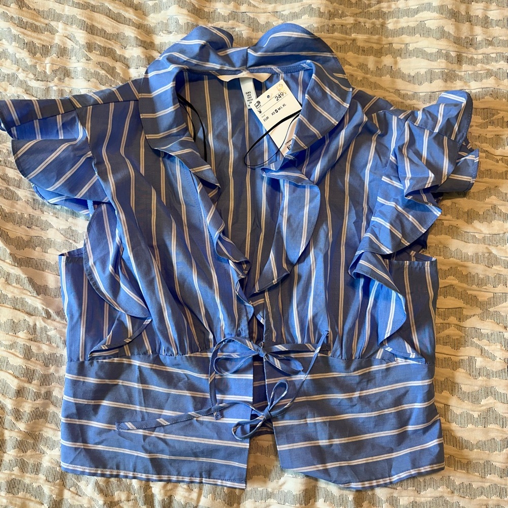 H&M Blue Striped Ruffle Blouse